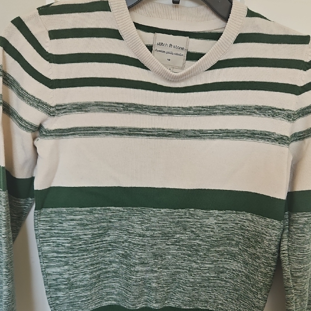 Green and Cream Striped Men's Sweater